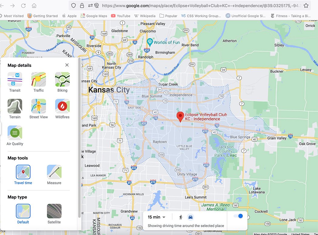 Google map 15 minutes drive to Eclipse volleyball club kc's Independence location